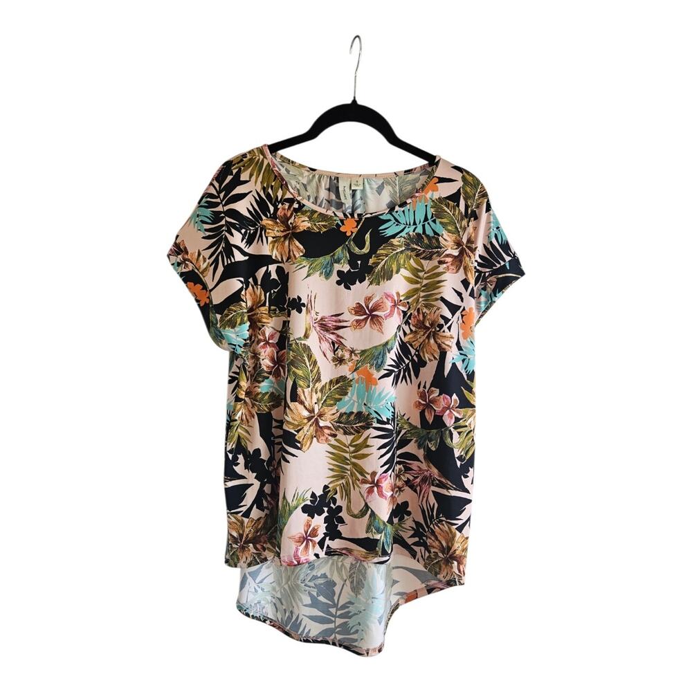 Tacera Womens Size S Top S/S Stretch Floral Tropical Drop Tail Hem